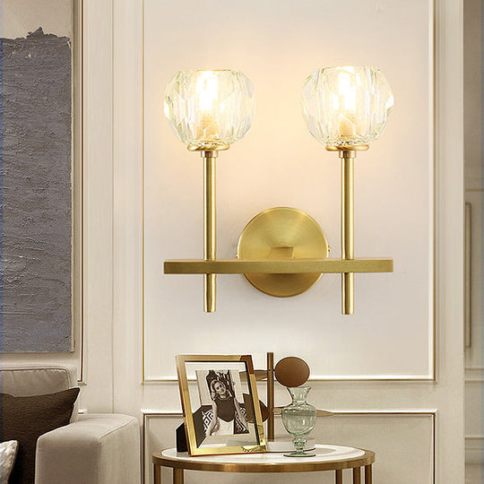 Brass Faceted Sconce With Crystal Shade - Minimalist Wall Mounted Light Fixture