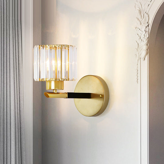 Modern Gold Cylinder Sconce Light Fixture With 1 Crystal Wall Mount - Elegant Lighting Solution