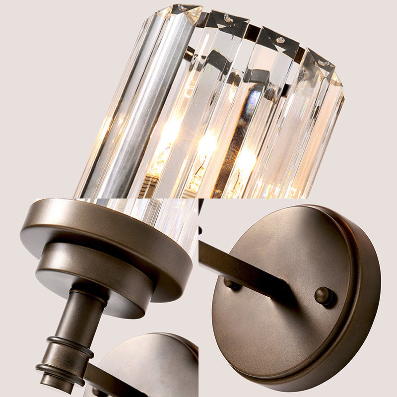 Contemporary Bronze Wall Sconce With Ribbed Crystal Shade - 1 Light Fixture For Hallway
