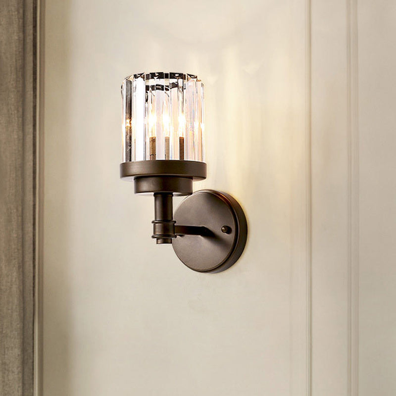Contemporary Bronze Wall Sconce With Ribbed Crystal Shade - 1 Light Fixture For Hallway