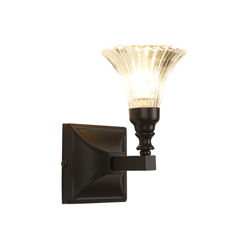 Modern Black Wide Flare Flush Mount Wall Sconce With Crystal Accent Bedside Light Fixture