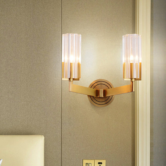 Retro Crystal Ribbed Wall Lamp With Brass Flush Sconce For Living Room - 1/2 Lights