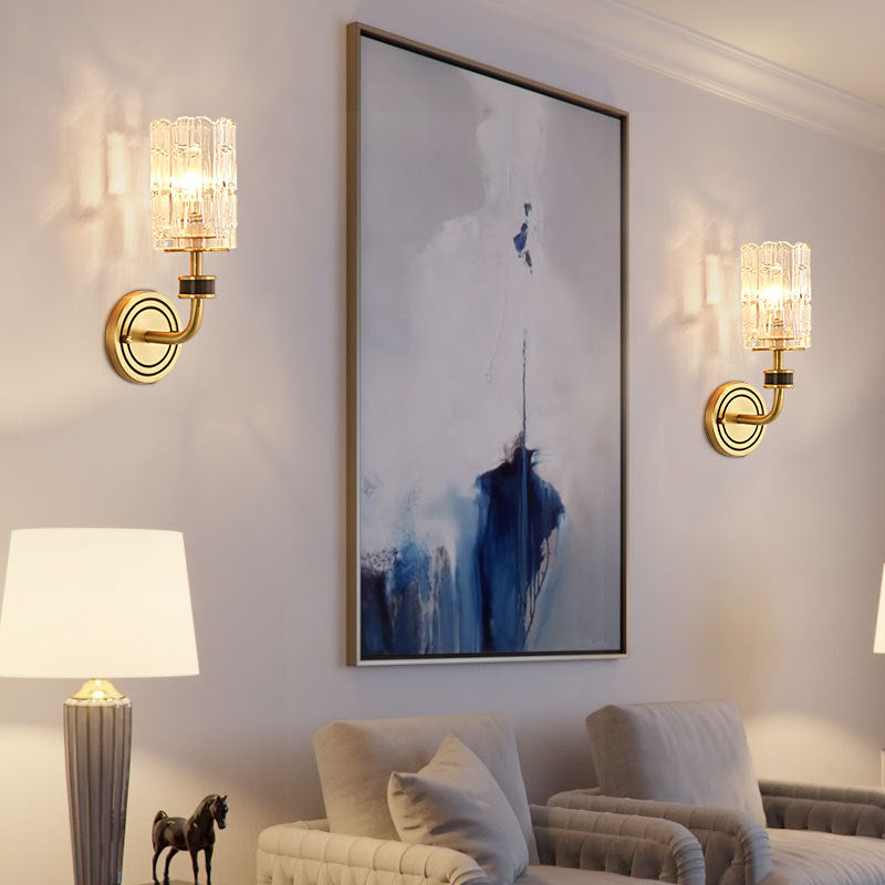 Retro Crystal Wall Sconce - 1 Light Brass Fixture For Living Room