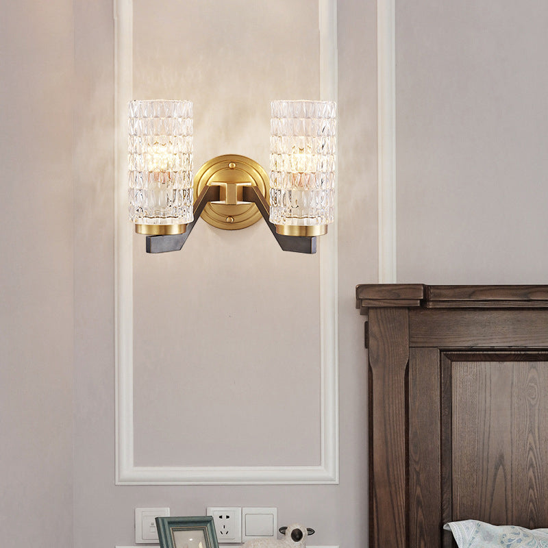 Simplicity Crystal Flush Wall Sconce With 2 Lights - Brass Bedside Fixture