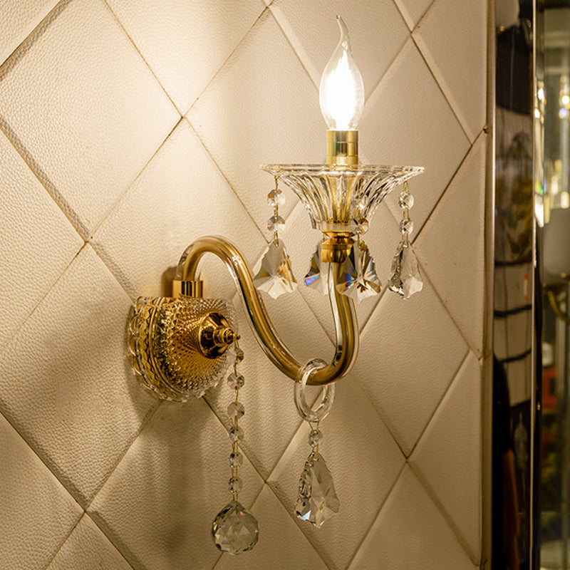 Mid-Century 1/2 Lights Wall Sconce With Brass Candle Design And Crystal Shade