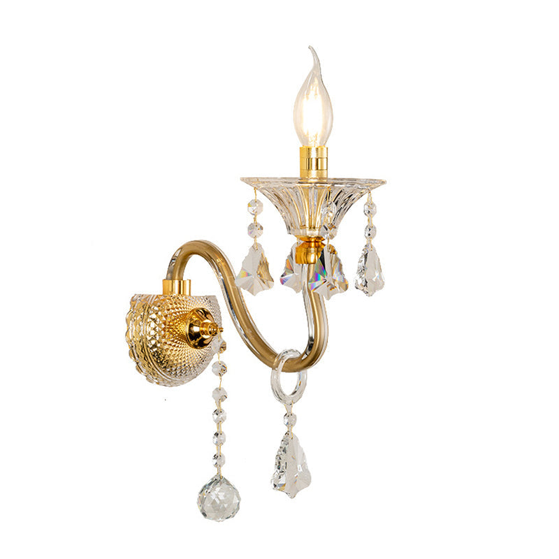 Mid-Century 1/2 Lights Wall Sconce With Brass Candle Design And Crystal Shade