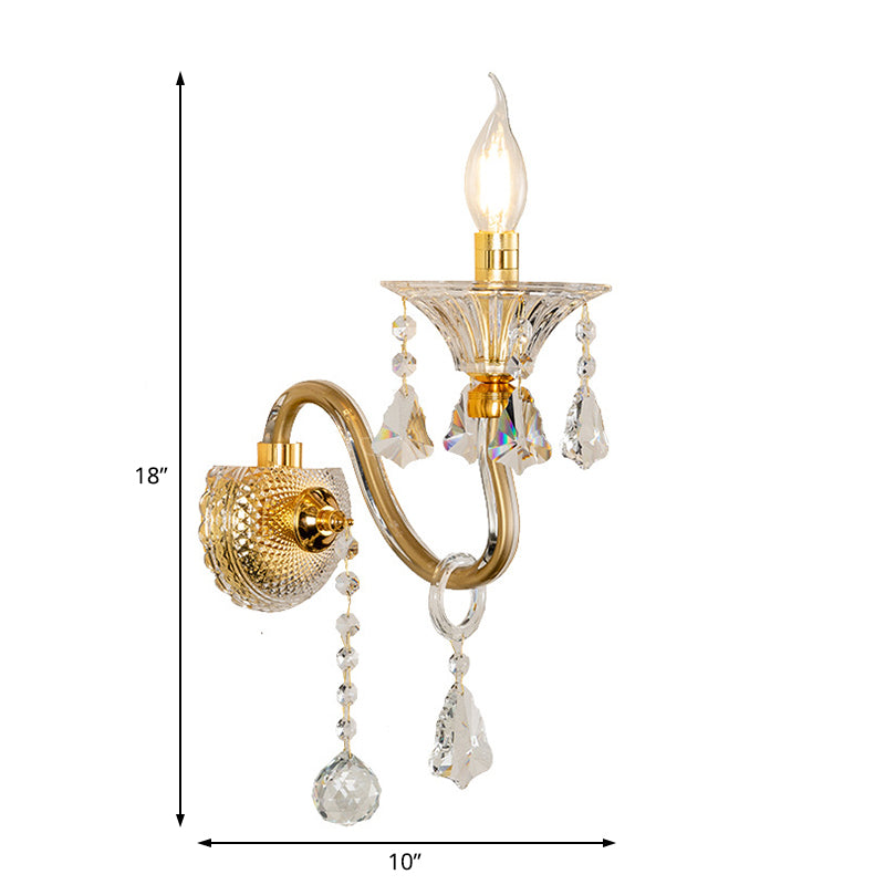 Mid-Century 1/2 Lights Wall Sconce With Brass Candle Design And Crystal Shade