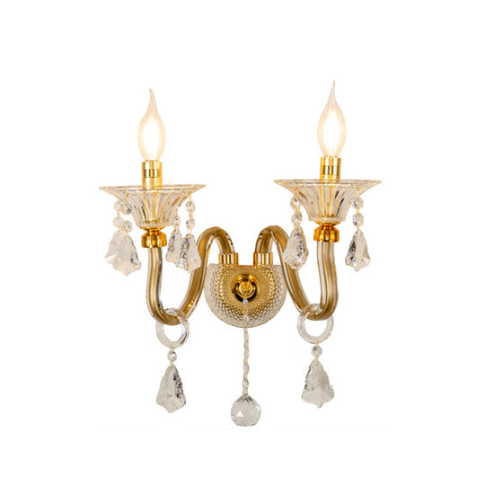 Mid-Century 1/2 Lights Wall Sconce With Brass Candle Design And Crystal Shade