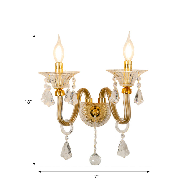 Mid-Century 1/2 Lights Wall Sconce With Brass Candle Design And Crystal Shade