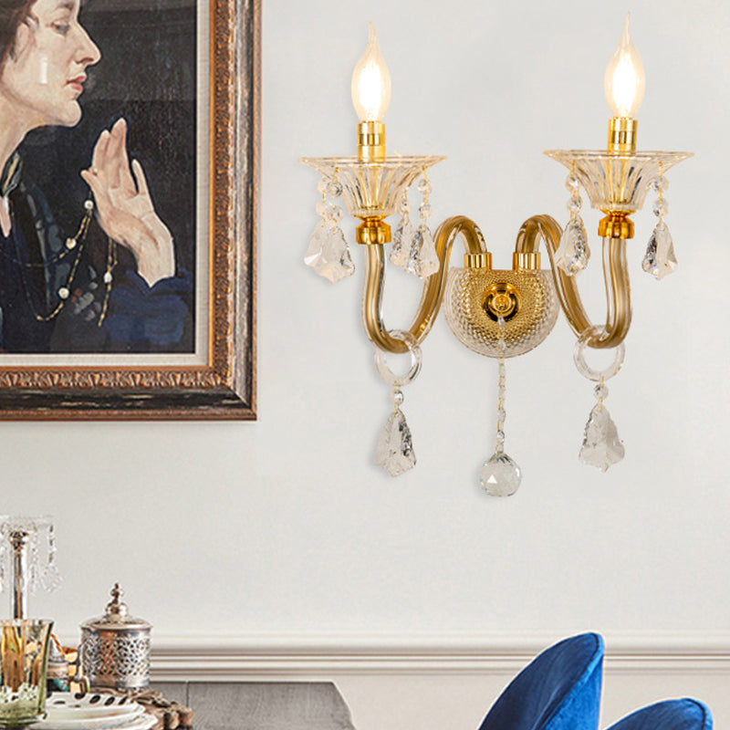 Mid-Century 1/2 Lights Wall Sconce With Brass Candle Design And Crystal Shade