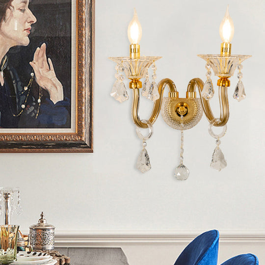 Mid-Century 1/2 Lights Wall Sconce With Brass Candle Design And Crystal Shade