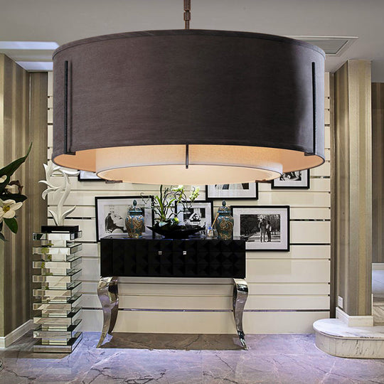 Classic Black Drum Semi Mount Fabric Ceiling Light Fixture - 3/4 Lights 16’/19.5’/23.5’ Wide