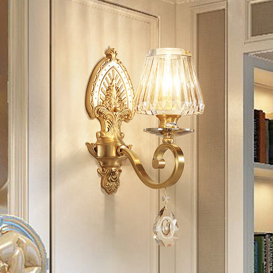 Mid-Century Gold Tapered Flush Mount Wall Sconce - 1 Light Crystal Fixture For Living Room