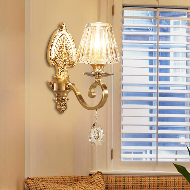 Mid-Century Gold Tapered Flush Mount Wall Sconce - 1 Light Crystal Fixture For Living Room
