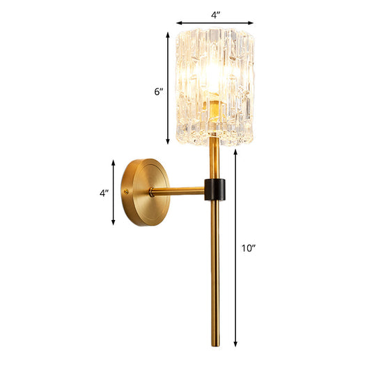 Minimalist Crystal Cylindrical Wall Sconce - 1/2 Lights Brass Fixture For Living Room