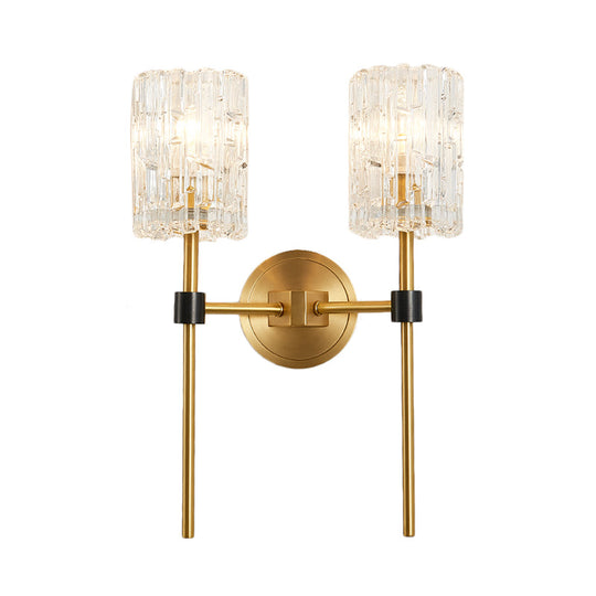 Minimalist Crystal Cylindrical Wall Sconce - 1/2 Lights Brass Fixture For Living Room