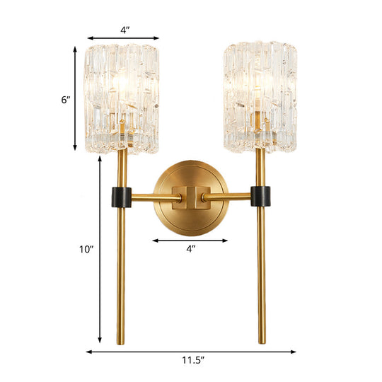 Minimalist Crystal Cylindrical Wall Sconce - 1/2 Lights Brass Fixture For Living Room