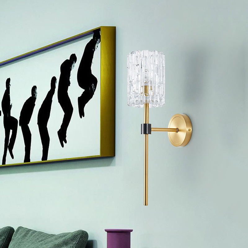 Minimalist Crystal Cylindrical Wall Sconce - 1/2 Lights Brass Fixture For Living Room 1 /