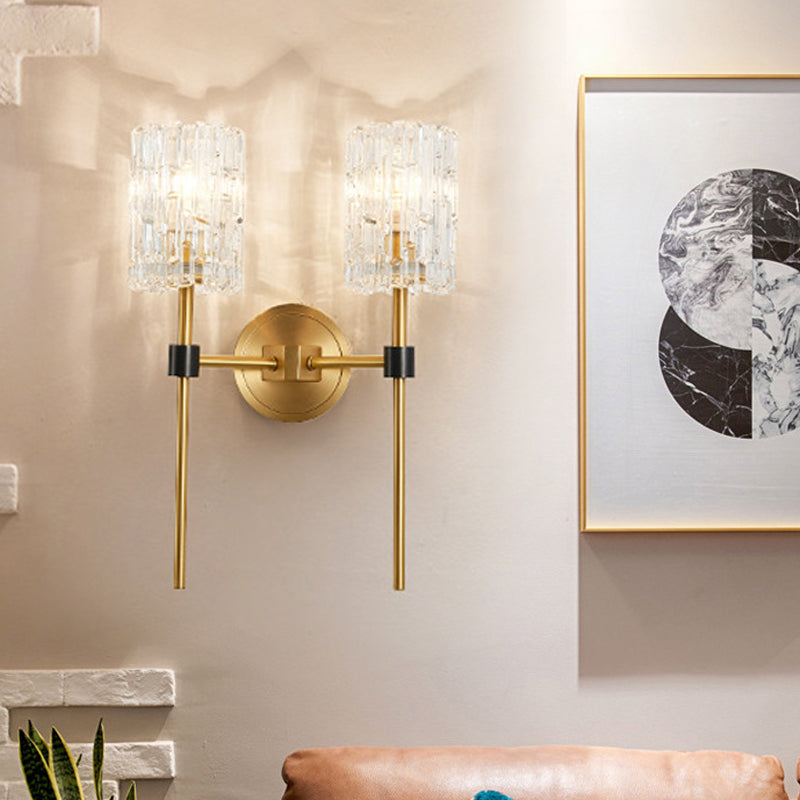 Minimalist Crystal Cylindrical Wall Sconce - 1/2 Lights Brass Fixture For Living Room