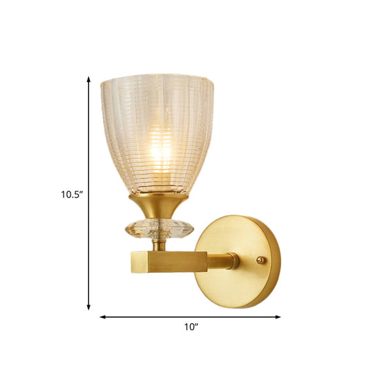 Minimalistic 1-Light Brass Flush Wall Sconce For Bedside - Crystal Tube/Cup/Flat Mounted Lamp