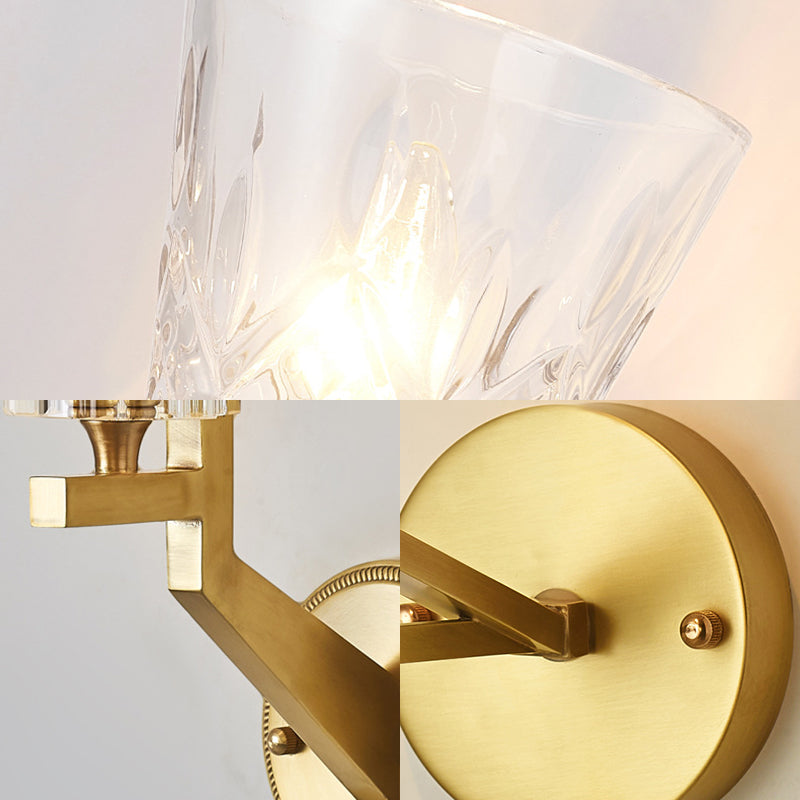 Minimalistic 1-Light Brass Flush Wall Sconce For Bedside - Crystal Tube/Cup/Flat Mounted Lamp