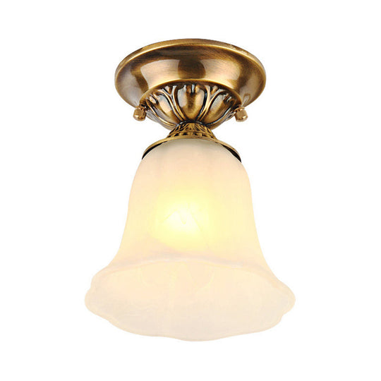 White Glass Ceiling Light Fixture With Classic Brass Bell - 1 Flush Mount For Living Room
