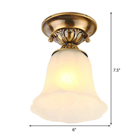 White Glass Ceiling Light Fixture With Classic Brass Bell - 1 Flush Mount For Living Room