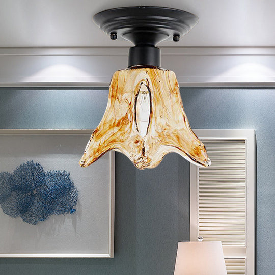 Black Flower Shaped Flush Mount Lamp With Classic Tan Textured Glass For Living Room Ceiling