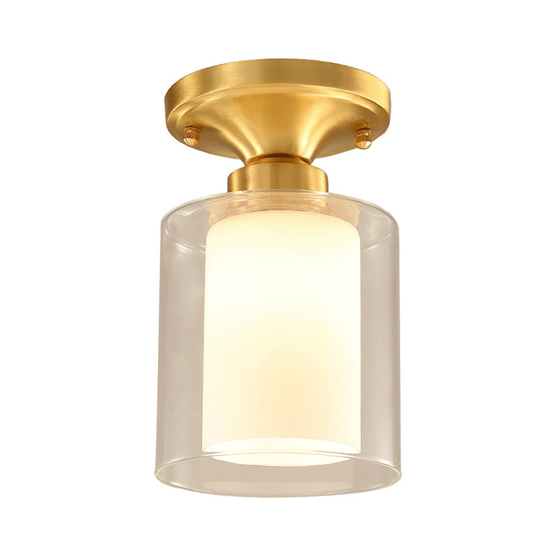 Classic Clear Glass Flush Mount Lamp - Gold Cylinder Ceiling Light Fixture For Living Room