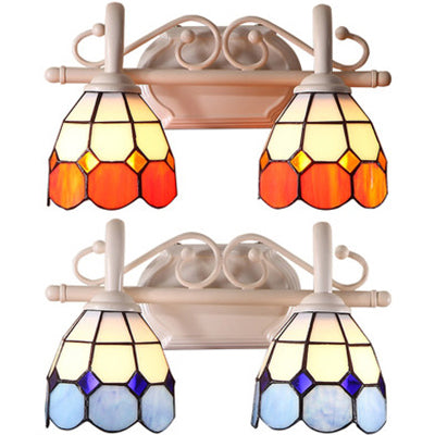 Tiffany Style Scalloped Wall Lighting: Stained Glass 2 Lights Vanity Light In Orange/Blue For