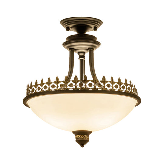 Semi Flush Mount Traditional Frosted Glass Ceiling Light With 3 Lights - White Bowl Shape For