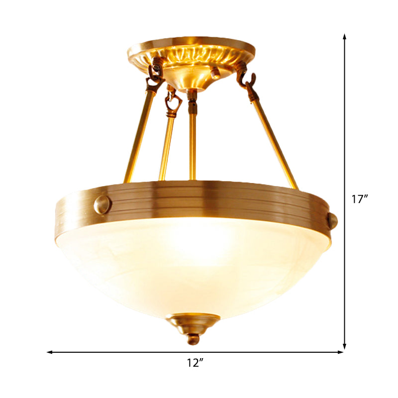 Traditional Frosted Glass Bowl Semi Flush Light - Gold 3 Lights For Dining Room 12’/16’/19.5’ Wide