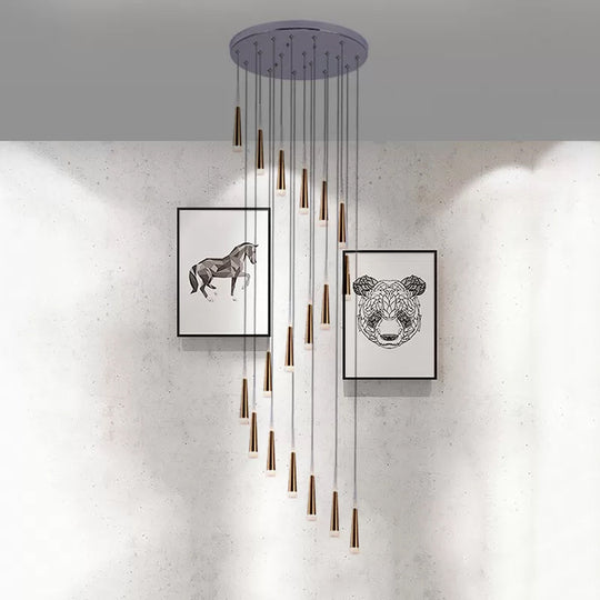 Minimalist Spiral Design Gold Cone Pendant With 19 Bulb Acrylic Stair Multi-Lamp Hanging Light