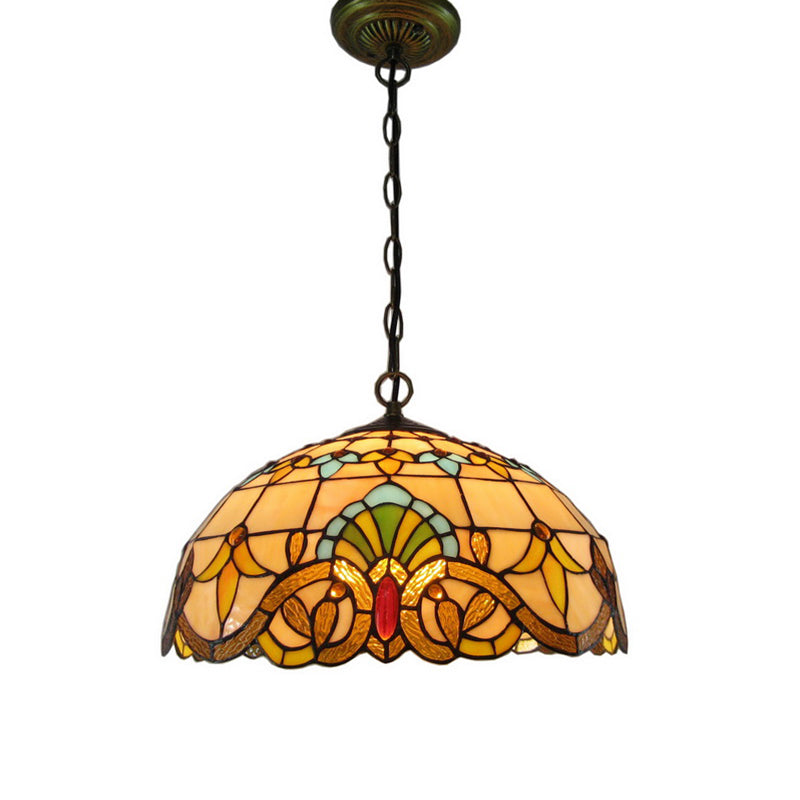 Retro Stained Glass Chandelier Pendant Light With 2 Heads In Beige Bowl Style