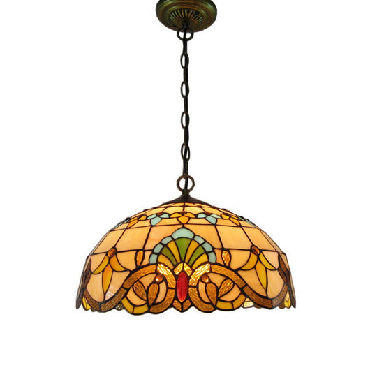 Retro Stained Glass Chandelier Pendant Light With 2 Heads In Beige Bowl Style