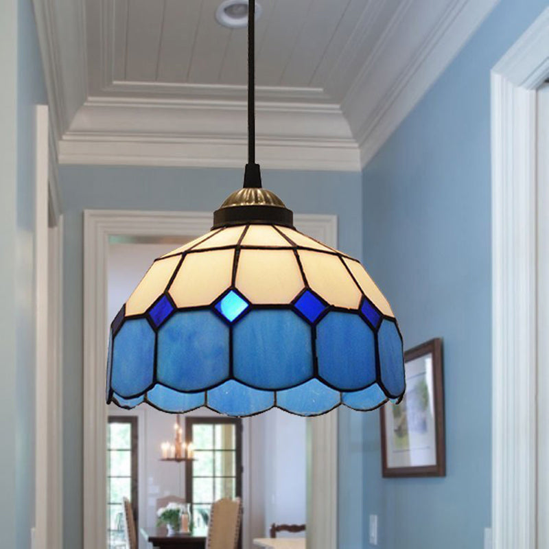 Tiffany Style Blue Scalloped Glass Pendant Light - Single-Bulb Suspension Lamp With Grid Pattern