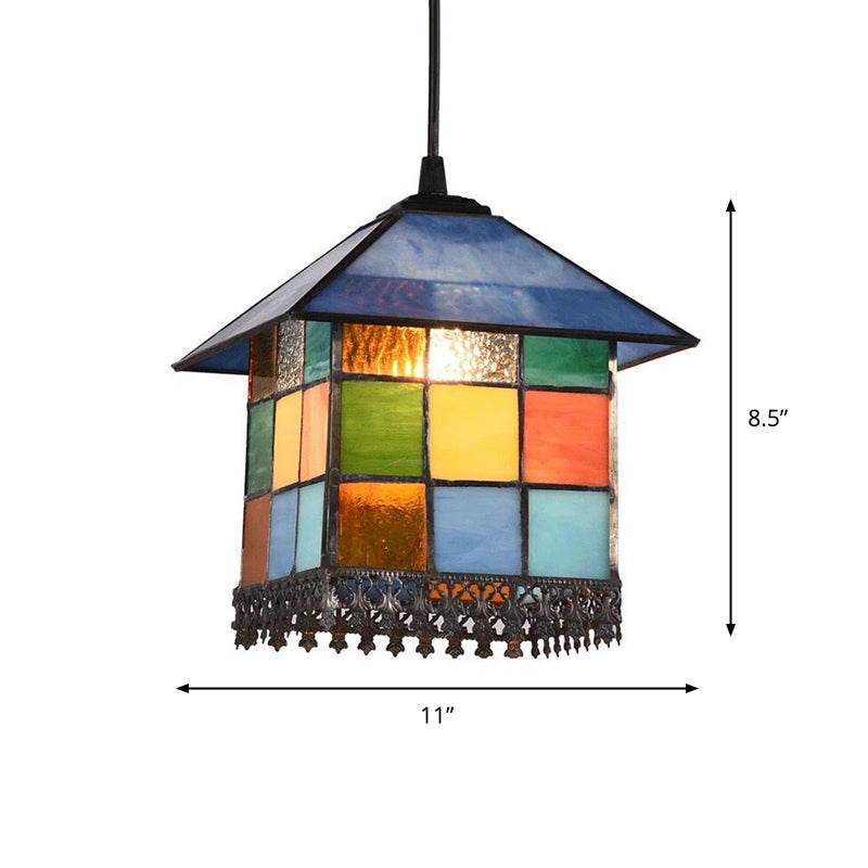 Vintage Stained Glass House Shade Pendant Ceiling Light With 1-Light Suspension