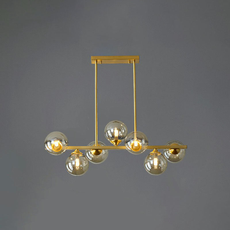 Postmodern Gold Finish Amber Glass Ball Island Hanging Lamp For Table Illumination