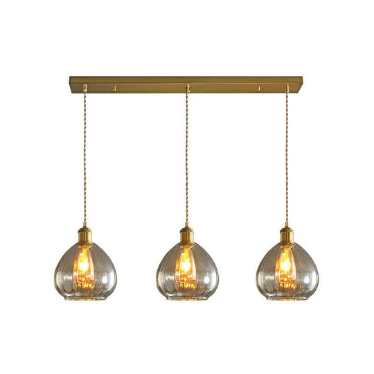 Teardrop Glass Cluster Pendant - Post-Modern Brass Finish 3-Light Hanging Lamp Amber / Linear