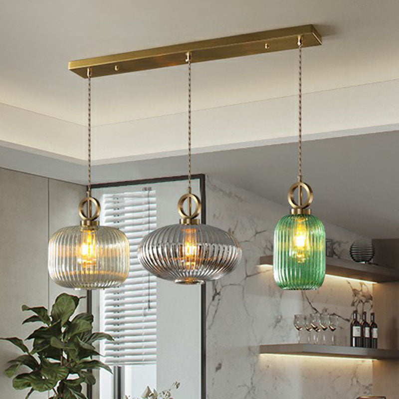 Modern Rib Glass Pendant Light Fixture - Geometric Shape 3 Bulbs Brass Finish Multi-Light Suspension