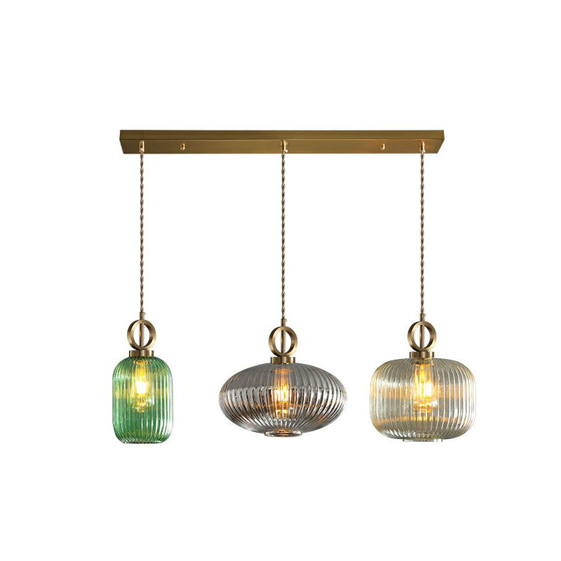 Modern Geometric Multi-Light Pendant With Ribbed Glass Panels - Brass Finish 3-Bulb Suspension
