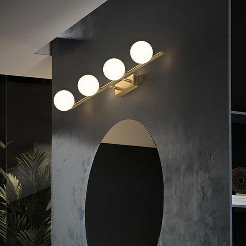 Sleek Gold Linear Vanity Wall Light With Milky Ball Glass Sconce For Bathroom