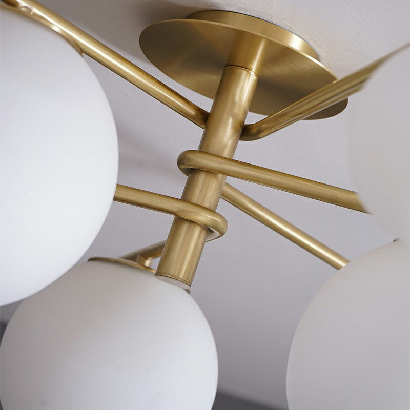 Sleek 6 - Light Gold Sputnik Semi Flush Mount Ceiling Lamp With White Glass Ball Shade