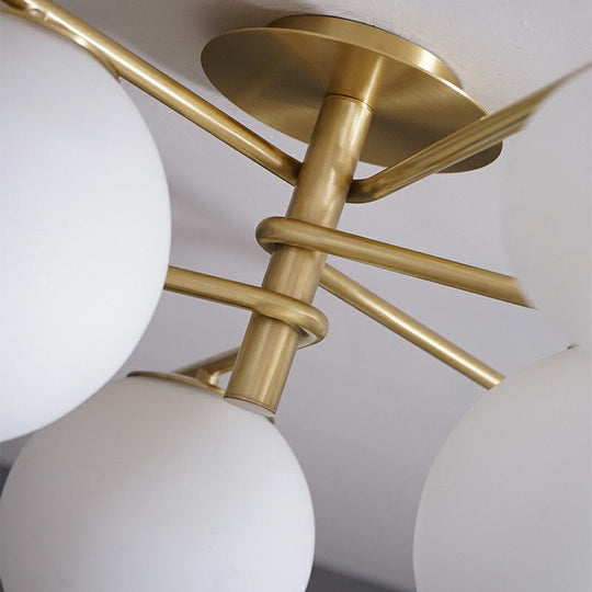 Sleek 6 - Light Gold Sputnik Semi Flush Mount Ceiling Lamp With White Glass Ball Shade