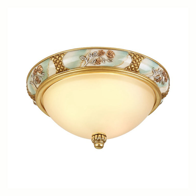 Traditional Brass Bowl Shaped Flushmount Light - Frosted Glass 3 Lights 15’/19’ Wide