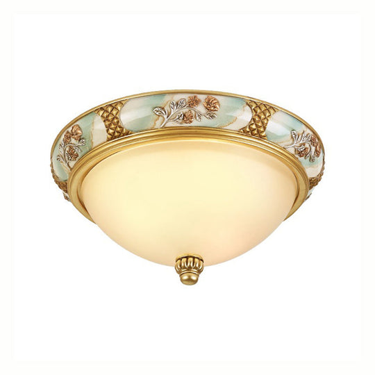 Traditional Brass Bowl Shaped Flushmount Light - Frosted Glass 3 Lights 15’/19’ Wide