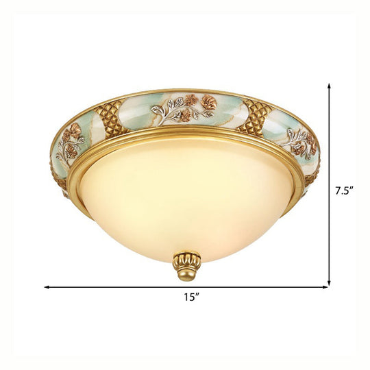 Traditional Brass Bowl Shaped Flushmount Light - Frosted Glass 3 Lights 15/19 Wide