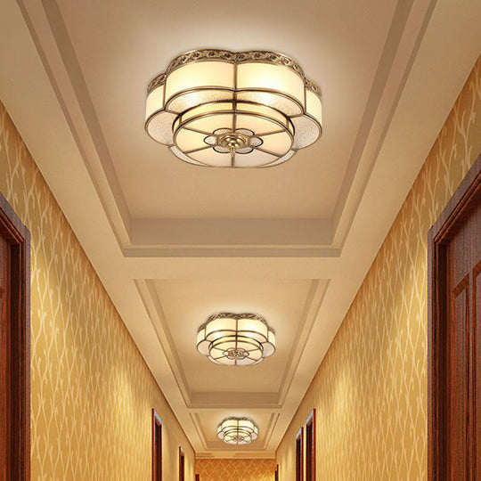 Traditional Brass Finish Ceiling Mount Lamp With Frost Glass - Flower Corridor Flush Light Fixture