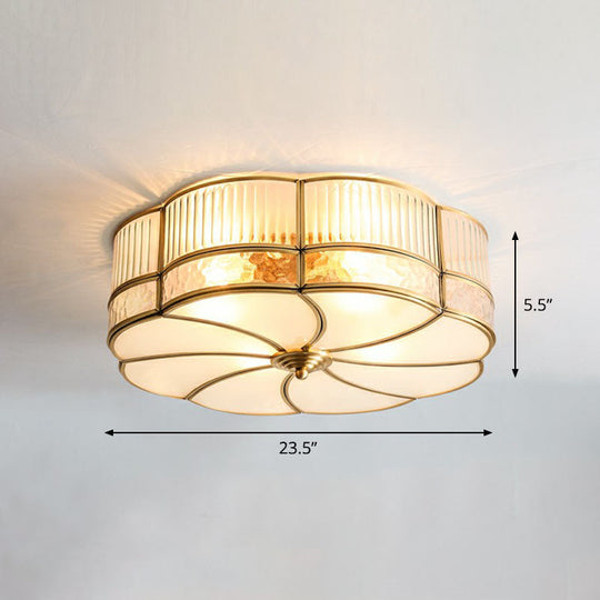 Minimalist Flower Shaped Glass Ceiling Light Fixture - Ribbed With Brass Accents Flush Mount