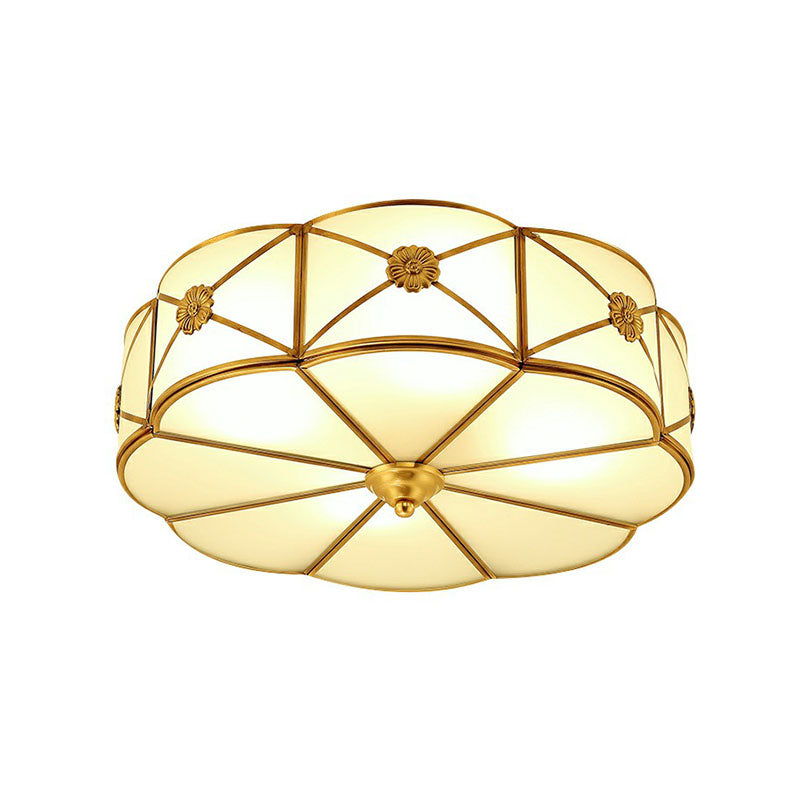 Colonial Chic Floral Bedroom Ceiling Mount Light - White Glass With Brass Finish